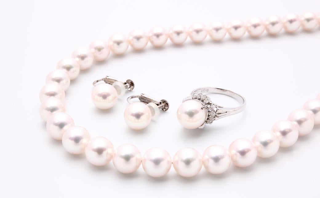 【限定1点】あこや真珠 (8−8.5mm珠) ネックレス・イヤリング (またはピアス)・リング3点セット クラスプK14WGルビー付き ／ 選べる ジュエリー アクセサリー パール 長崎県 長崎市 園田真珠
