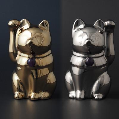 ふるさと納税 瀬戸市 【招き猫】瀬戸焼 Jeramic 2体セット ゴールド&amp;プラチナ アメジスト(2月)