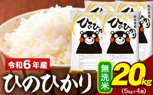 令和6年産 無洗米 米 ひのひかり 20kg (5kg袋×4)《7-14日以内に出荷予定(土日祝除く)予定》熊本県 大津町 国産 熊本県産 無洗米 精米 送料無料 ヒノヒカリ こめ お米