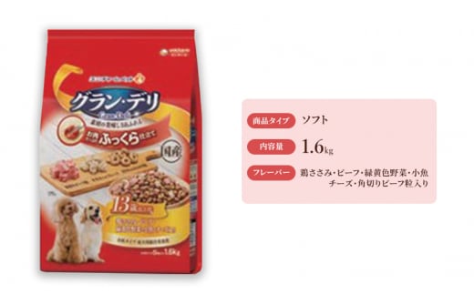 グラン・デリ ふっくら仕立て 13歳以上用 鶏ささみ・ビーフ・緑黄色野菜・小魚・チーズ・角切りビーフ粒入り 1.6kg×4袋 ペットフード ドッグフード 犬のごはん 犬用フード 犬 ペット ソフト ユニ・チャーム ペット ユニ・ケアー [№5275-0460]
