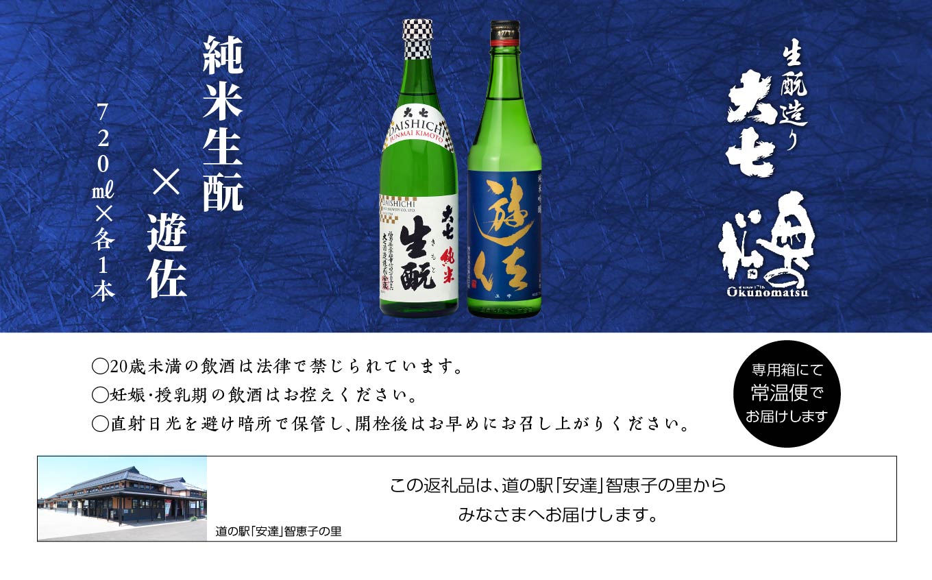 大七酒造「純米生もと」 奥の松「遊佐」 720ml×各1種【道の駅安達】