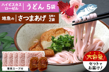 本土最南端！ハイビスカスローゼルうどん（5袋）と地魚のさつまあげ（5枚×2袋）セット MO-015｜うどん ハイビスカス ローゼル さつまあげ 地魚 麺 食品 加工食品 人気 おすすめ  オリジナル  鹿児島県 南大隅町