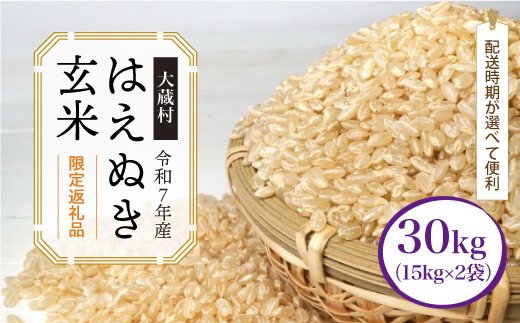 ■数量限定返礼品■ 令和8年5月上旬発送 ＜令和7年産＞はえぬき 【玄米】 30kg （15kg×2袋） 大蔵村 沖縄県・離島配送不可