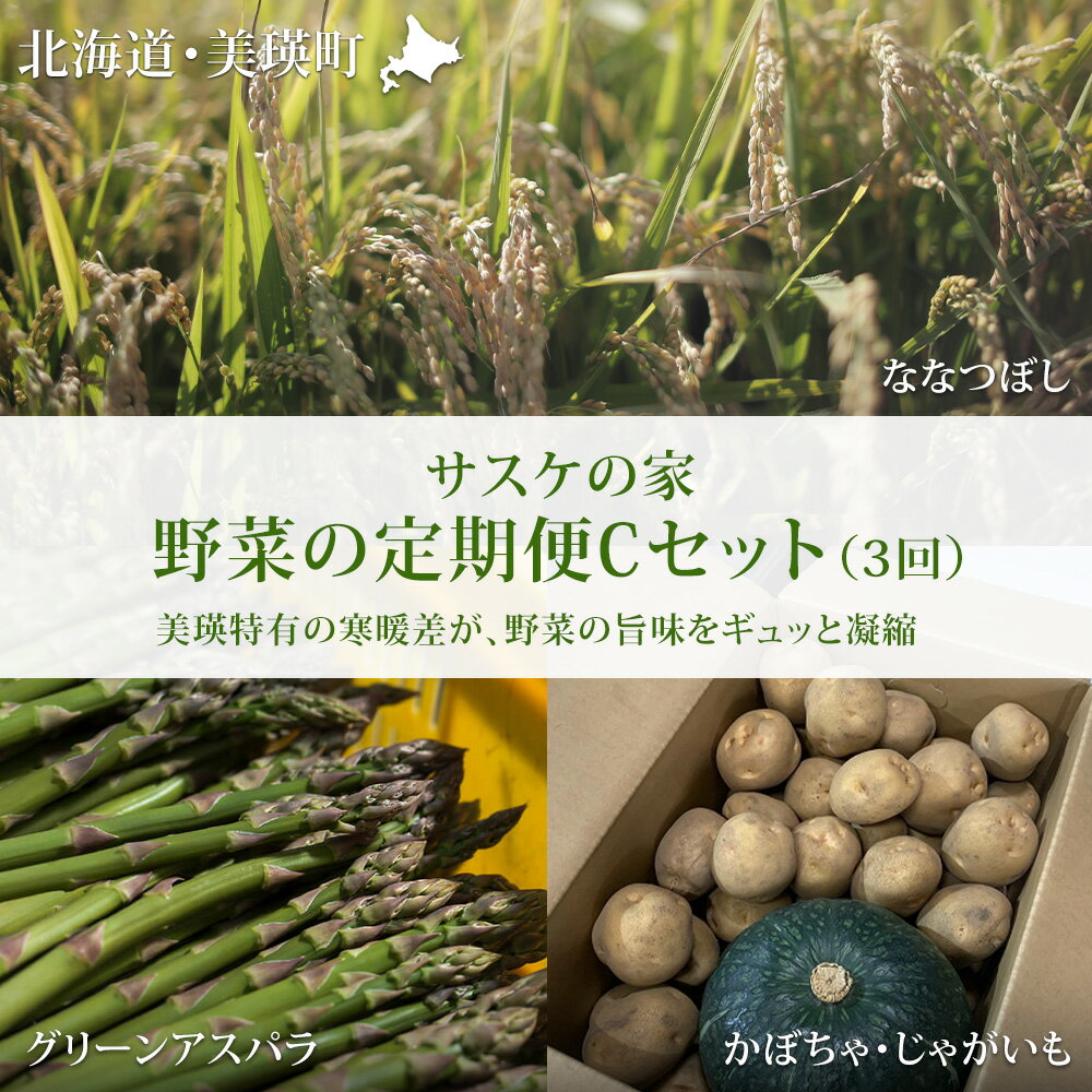 【ふるさと納税】 野菜 定期便 Cセット 3ヶ月 ≪令和8年産予約受付！≫ 送料無料 3回 セット 詰め合わせ アスパラ アスパラガス 3回 秋野菜 米 新米北海道 北海道美瑛 北海道美瑛町 美瑛町 美瑛産野菜 北海道産野菜 野菜の定期便 サスケの家 定期便[037-17]