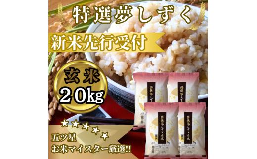 CIC52_『新米予約』令和７年産　特選夢しずく【玄米】20㎏(５㎏×４袋)　※新米収穫後10月以降発送