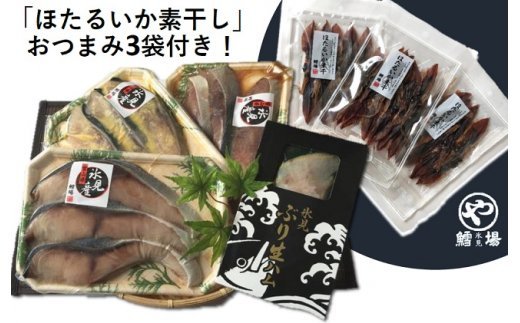 
氷見産ぶり！切身真空3種9切・ぶり生ハム（ほたるいか素干し3袋付き）　【魚貝類・干物・加工食品・ぶり・ブリ】
