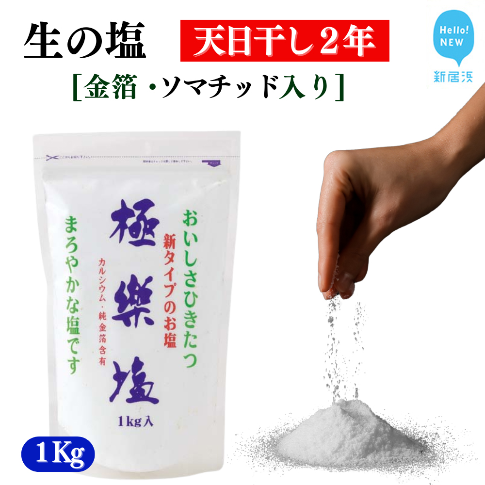 天日干し２年 火入れしない生の塩 「極楽塩」 1kg×1袋 金箔 貝カルシウム入り 食べる楽しさを極め こだわりの製法 塩 食塩 食卓塩 海塩 調味料 ミネラル ソルト