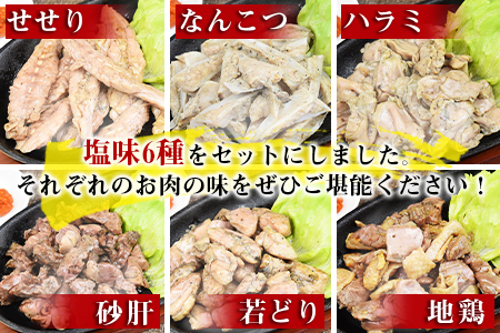 ★宮崎名物★＜特撰 炭火焼塩三昧 6パックセット（真空冷蔵便）＞2か月以内に順次出荷【 鶏 肉 鶏肉 炭火焼 炭火焼き おつまみ おかず 食べ比べ 宮崎地鶏屋 -】