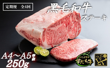 定期便 4回お届け すだち牛黒毛和牛（ステーキ用）250g 　鳴門　すだち牛　黒毛和牛　ブランド牛　高級　敬老の日　お歳暮　定期便　ステーキ