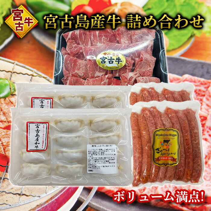 【ふるさと納税】宮古牛切り落とし(200g×2P)＆宮古島産牛餃子(12コ×2P)＆宮古島産牛ソーセージ(360g×2P) | 幻の和牛 焼肉 特選 宮古牛詰め合わせ セット 餃子 焼肉 ウインナー 牛 数量限定 人気 おすすめ 送料無料 お取り寄せ 取り寄せ 沖縄 南国 宮古島 離島（R112）
