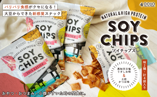 パリパリ食感がクセになる！大豆からできたソイチップス4袋セット（高知天日塩うすしお味・土佐かつお味 各2袋）26