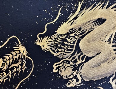 「一筆金双龍」絵師白道 作｜絵画 アート インテリア 手描き [0622]