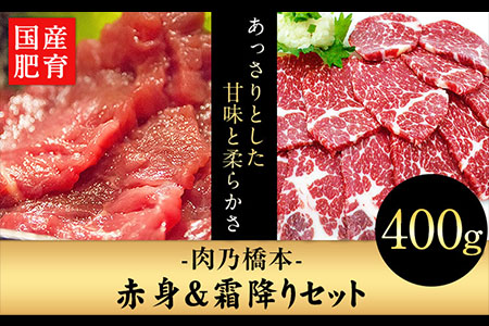 馬刺・赤身&霜降りセット 計400g 《60日以内に出荷予定(土日祝除く)》 赤身馬刺し 霜降り馬刺し 肉乃橋本 冷凍 ブロック st-p