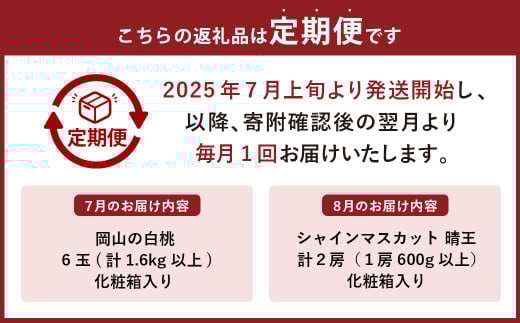 【2回定期便】岡山県産 フルーツ定期便コース（白桃 ・ シャインマスカット 晴王） 【2025年7月上旬発送開始】 ／ 2回 桃 もも マスカット 葡萄 ぶどう 果物 果実 フルーツ 旬 定期便 岡山