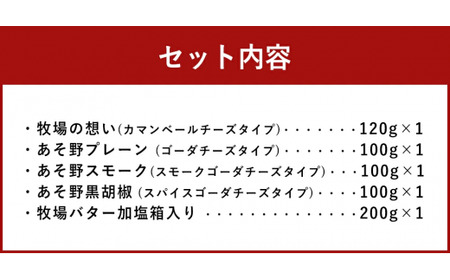 阿蘇ミルク牧場 オリジナル 乳製品 セット 5種類 (カマンベールチーズ／ゴーダチーズ／スモークゴーダチーズ／スパイスゴーダチーズ／バター)