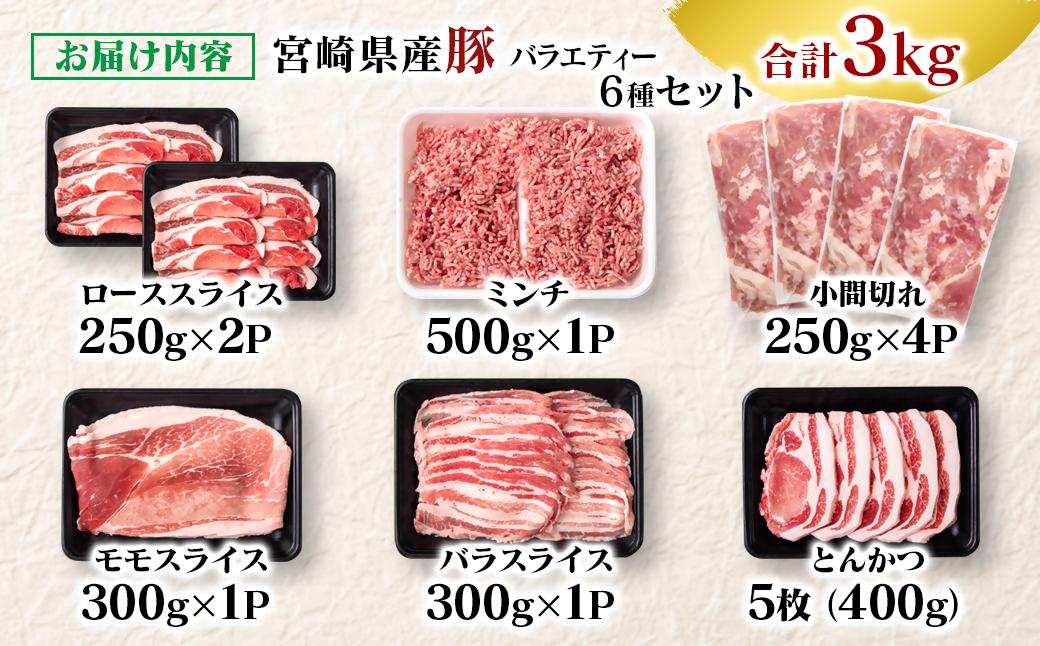 宮崎県産豚肉 6種 バラエティ3kgセット＜1.6-41＞小分け スライス 鍋 トンカツ 餃子等 豚バラエティー3㎏