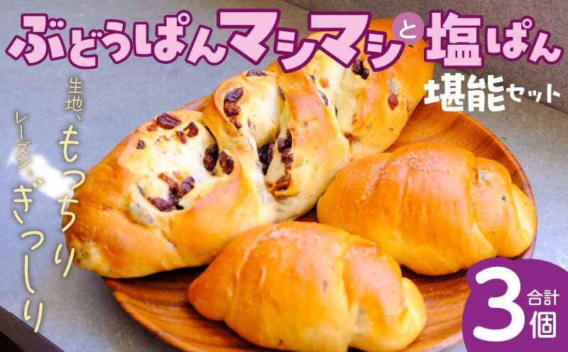 
                  ぶどうぱんマシマシと塩ぱん　堪能セット _ ぶどうぱん 専門店 ぶどぱん 堪能 セット ぶどうぱん 1個 370g前後 塩ぱん × 2個 1個あたり70g前後 レーズン マシマシ しっとり もっちり 食パン生地 トースト 冷凍保存 朝食 昼食 ランチ お取り寄せ 福岡県 久留米市 送料無料 _Cx243
                