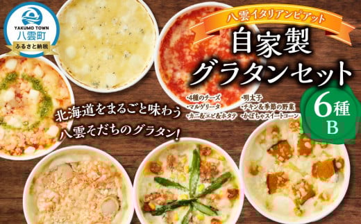 
            北海道 ピアット自家製グラタンセット6種B(4種のチーズ、マルゲリータ、カニ＆エビ＆ホタテ、明太子、チキン＆季節の野菜、かぼちゃ＆スイートコーン)【 レンジ 温めるだけ 冷凍 冷凍食品 調理済み お手軽 簡単 調理 簡単調理 食卓 ランキング 冷凍食品 おうちごはん 八雲町 北海道 】
          