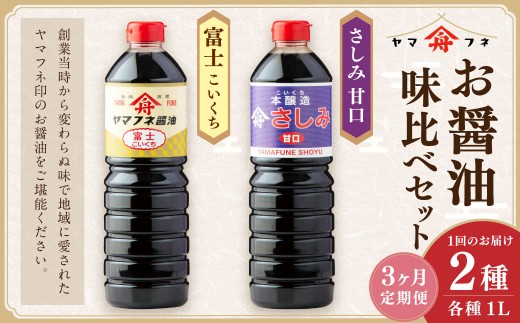 【3ヶ月定期便】お醤油2種味比べセット 各1Lx2 ／ 計2Lx3回 濃口醤油 富士 さしみ甘口 セット おさしみ醤油 刺し身醤油 料理 しょうゆ 醤油 調味料 濃い口 大分県 九重町