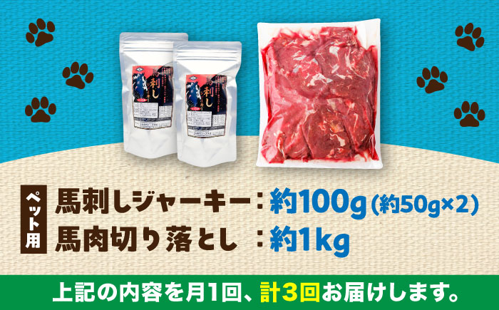 【全3回定期便】詰め合わせ 国内加工 ペット用 馬肉 切り落とし 約1kg ペット用 馬刺しジャーキー 約100g(約50g×2) / ペットフード ドッグフード 愛犬 馬肉【五右衛門フーズ】 [BH