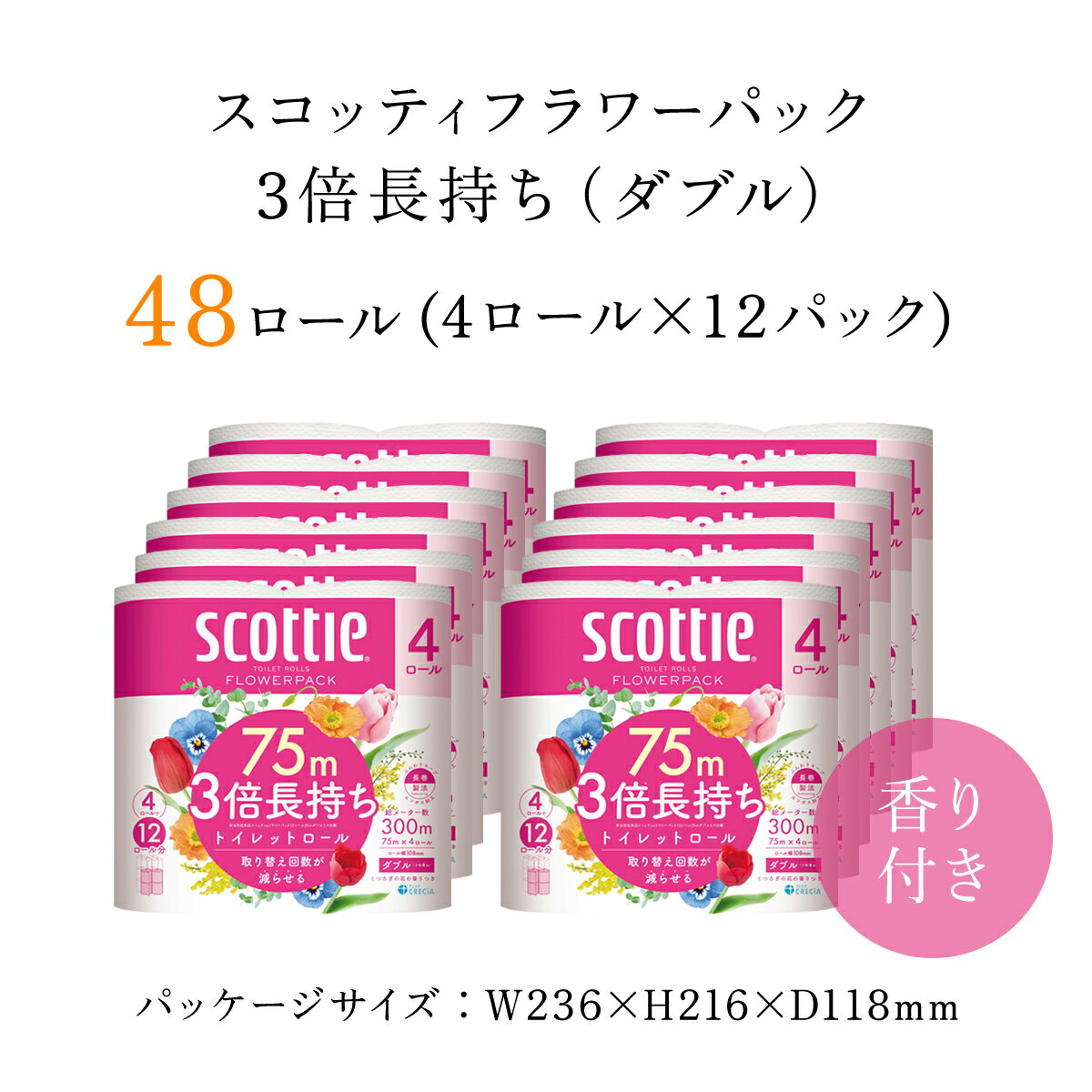 【ふるさと納税】【選べる配送月】スコッティ フラワーパック トイレットロール 3倍長持ち4ロール（ダブル）×12パック ｜ 48ロール トイレットペーパー 3倍 長持ち 省スペース まとめ買い ティッシュ 紙 日用品 生活必需品 消耗品 備蓄 ストック リピート 大容量 FCAS006
