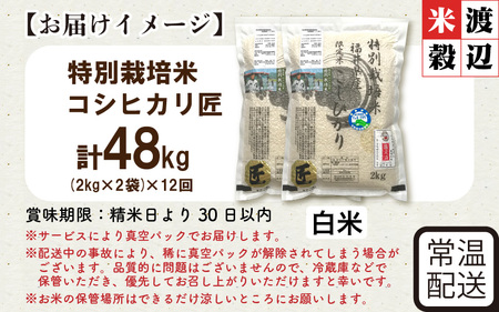 【12ヶ月連続お届け】令和7年産 特別栽培米 コシヒカリ匠 4kg（2kg×2袋）×12回 計48kg 節減対象農薬当地比5割減【白米】お米 コシヒカリ [O-2902_01]