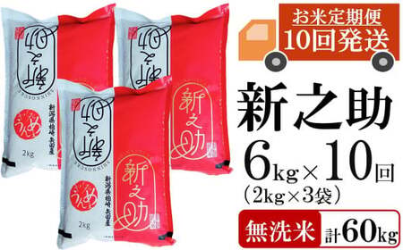 【令和8年産新米・10ヶ月定期便】新之助 無洗米 6kg（2kg×3袋）×10回（計 60kg）ヤタらうんめぇ しんのすけ 水田環境鑑定士在籍[Y0342]