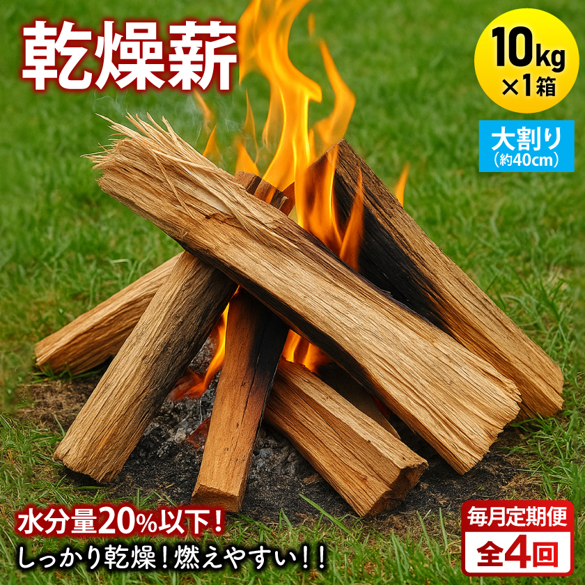 【毎月定期便】乾燥薪 キャンプ用 10kg 大割(約40cm) 広葉樹ミックス全4回【4087751】