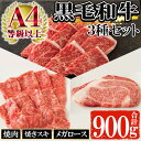 【ふるさと納税】鹿児島黒毛和牛の3種(焼肉・焼きスキ・メガロース、合計900g・自家製わりした付)セットA！ A4等級以上 牛肉 肉 国産 牛 ステーキ すき焼き 焼き肉 九州 黒毛和牛 和牛 牛丼 ロース 焼きすき【バクロ】