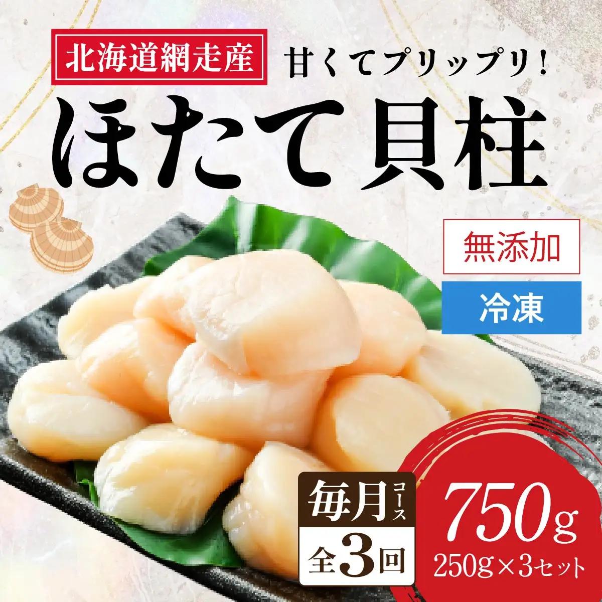 【定期便全3回（毎月）】網走前浜産 無添加ホタテ貝柱750g（250g×3袋） ABAI033 | ホタテ