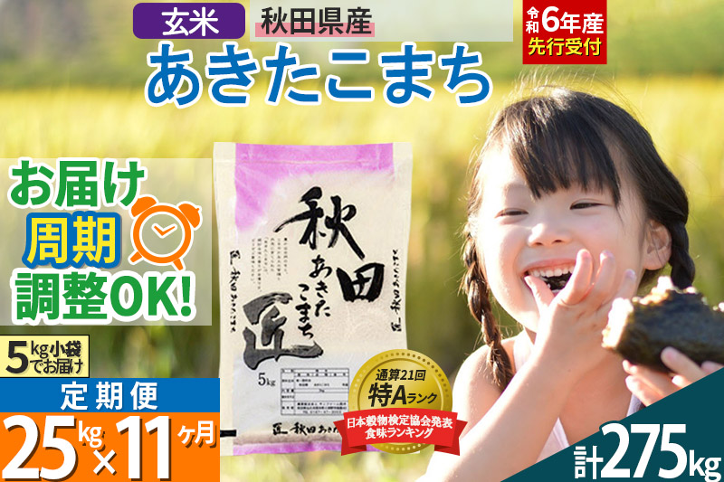 【玄米】＜令和6年産 予約＞ 《定期便11ヶ月》秋田県産 あきたこまち 25kg (5kg×5袋)×11回 25キロ お米【お届け周期調整 隔月お届けも可】