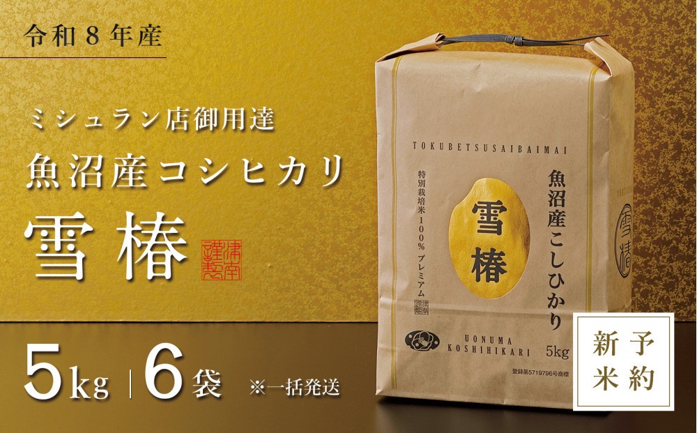 
                  【令和8年産 コシヒカリ 先行予約】魚沼産コシヒカリ 雪椿 30kg(5kg×6袋) 特別栽培米 ※一括発送
                