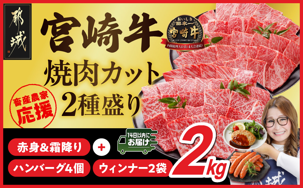 畜産農家応援! 宮崎牛焼肉2種セット500g×4パック+豚肉ハンバーグ&ウィンナー≪みやこんじょ快速便≫_32-N202-R-ESHW-CF