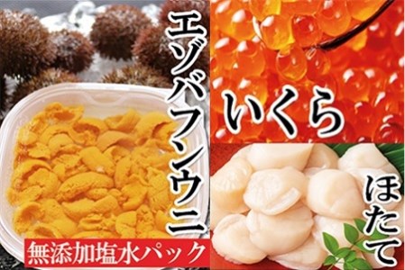 エゾバフンウニ塩水パック150g×1P、いくら醤油漬け(鱒卵)150g×1P、お刺身ホタテ貝柱500g×1P[2027年1月中旬以降発送] E-40004