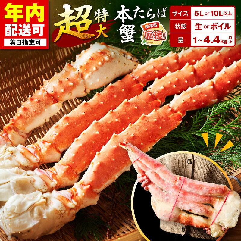 【ふるさと納税】年内配送可 本たらば蟹 生肩 ボイル肩 【極太5Lサイズ】【10Lサイズ】 選べる サイズ 約1kg 約2kg 約2.2kg～ 約4.4kg～【ふるさと納税3.0】ふるさと納税 カニ タラバガニ ボイル ボイルタラバガニ 焼き蟹 BBQ 蟹しゃぶ 蟹鍋 天ぷら 蟹ぞうすい 年内発送