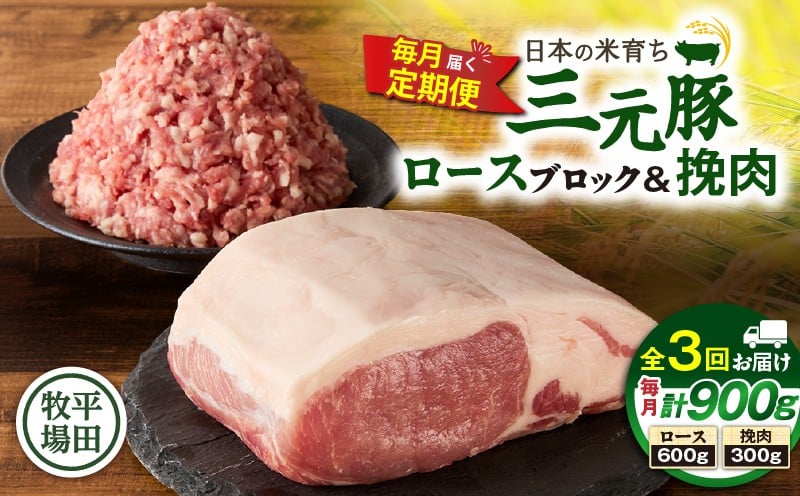 
            【全3回 毎月定期便】日本の米育ち平田牧場三元豚ロースブロック 600g・三元豚挽肉 300g　T036-T13-01
          