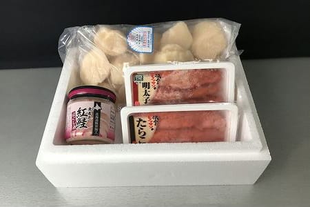 ほたて貝柱600g、鮭フレーク80g、たらこ140g、辛子明太子140g B-18011