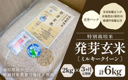 【期間限定】【3ヶ月連続お届け】【令和7年産】発芽玄米 特別栽培米 ミルキークイーン 2kg×3回（計6kg）～甘みがありモチモチやわらか～【米 玄米 ギャバ GABA 特別栽培 食物繊維 栄養 ごは