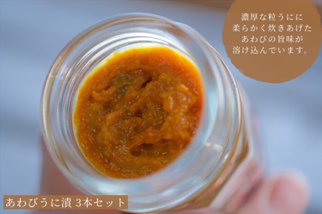 下関伝統食品：飯とも、酒のとも「粒うにあえもの」あわびうに漬　3本セット 【常温保管可】【個別包装しています。御配りもの、贈答品に】