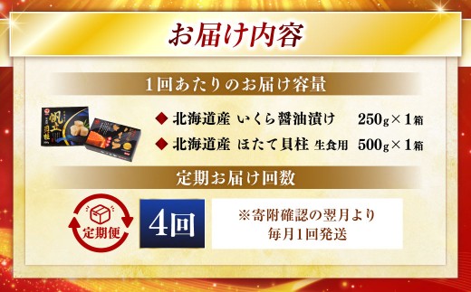 【4ヶ月定期便】 笹谷商店 新物 北海道産 いくら醤油漬け250g＆ほたて貝柱500g お刺身 国産 イクラ イクラ醤油漬け 鮭いくら 鮭卵 ほたて貝柱 帆立 ホタテ ほたて 海鮮丼 詰め合わせ 海鮮