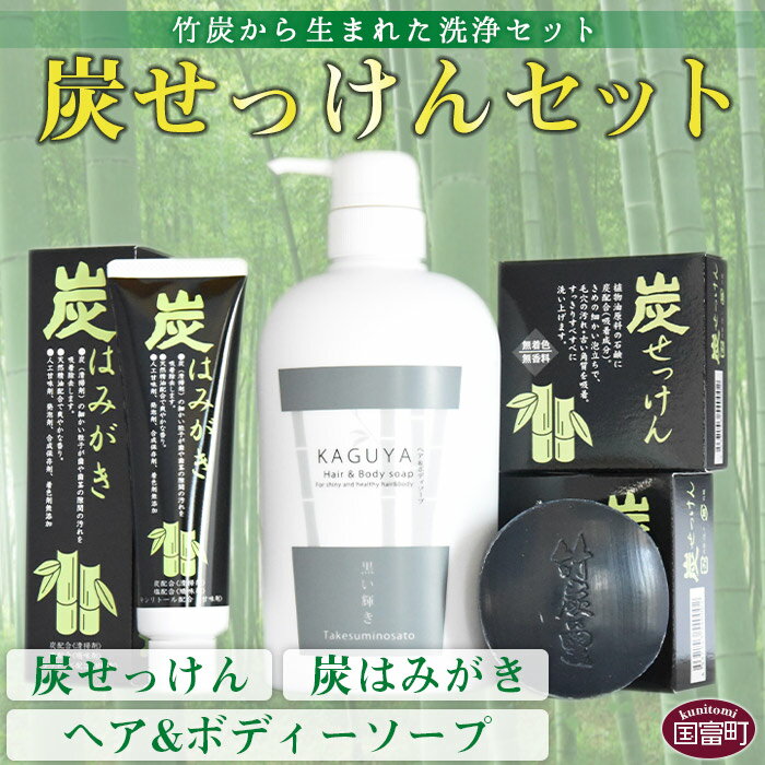 【ふるさと納税】＜炭せっけんセット(炭せっけん×2 炭はみがき×1 ヘア＆ボディソープ×1)＞※入金確認後、翌月末迄に順次出荷します。 竹炭 天然成分 シャンプー チャコール 国産 有限会社竹炭の里 宮崎県 国富町 0022_ta【常温】