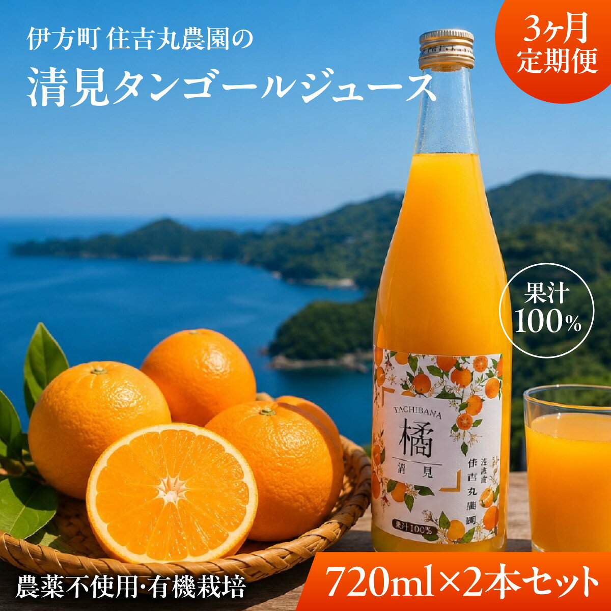 【ふるさと納税】【3か月定期便】清見タンゴールジュース 720ml×2本 【ふるさと納税 人気 おすすめ ランキング 清見タンゴール ジュース みかん ミカン オレンジ　無農薬　有機栽培　佐田岬半島　農家直送　住吉丸農園 愛媛県 伊方町 送料無】 IKTBN017