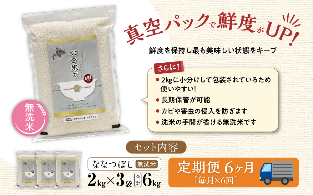 先行予約【令和7年産・無洗米・真空パック・低農薬栽培】 あさひかわ産 ななつぼし 2kg×3袋 (合計6kg) 定期便6ヶ月 (2026年1月上旬から発送開始予定) _03141