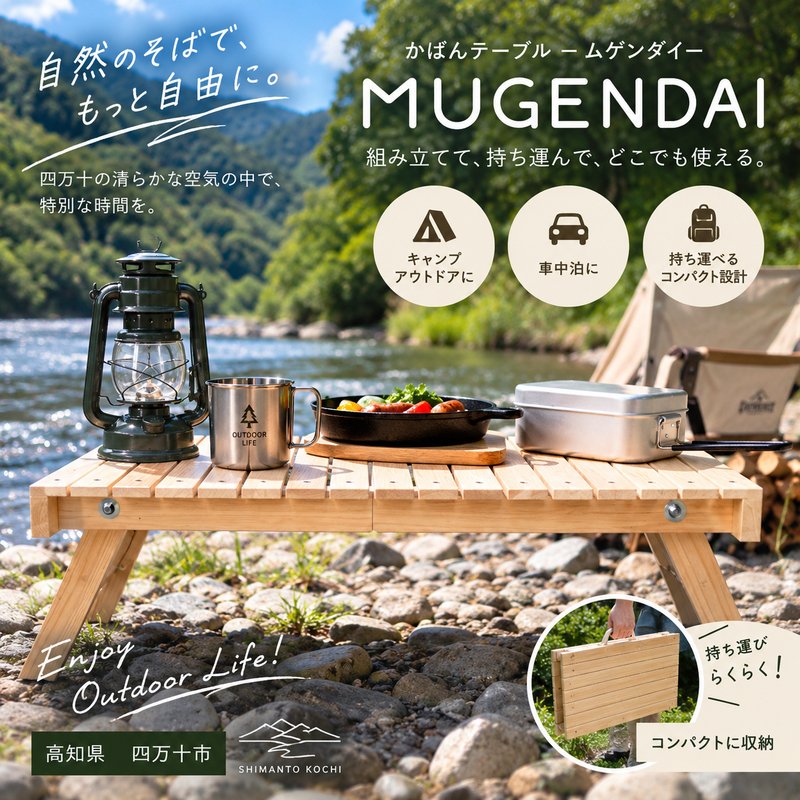 【ふるさと納税】26-955．アウトドアやおうちでも！どこでもサッと使える「かばんテーブルMUGENDAI」 ひのき 折りたたみ 持ち運べる 楽々 簡単 便利 テーブル 家具 インテリア 木製 ヒノキ 桧 アウトドア キャンプ レジャー キャンピングカー 車中泊 釣り 四万十 送料無料