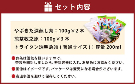 やぶきた深蒸し茶（2種類 計5袋 ）と急須（1点）セット ｜ お茶 日本茶 やぶきた茶 緑茶 煎茶 深蒸し茶 透明急須 牧之原産 静岡茶 静岡県 菊川市