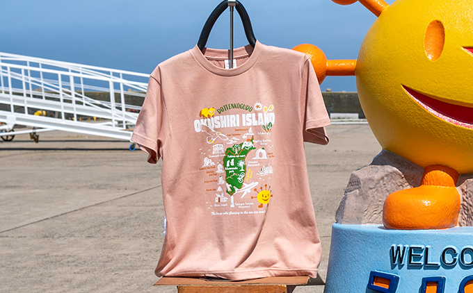 うにまるTシャツ (奥尻MAPデザイン) ピンク Mサイズ  奥尻島 ゆるキャラ ご当地 マスコット キャラクター うにまる メンズ レディース ユニセックス ご当地T キャラT Tシャツ 観光マップ マップ プリント スーベニア 半袖 | 北海道 奥尻町 送料無料
