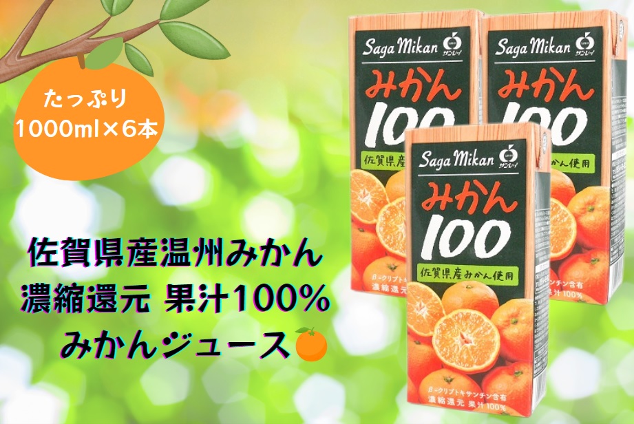 BJ016_【みかん100　6本】佐賀県産温州みかん みかんジュース 濃縮還元 国産 果汁100％ 1000ml 1L キャップ付き