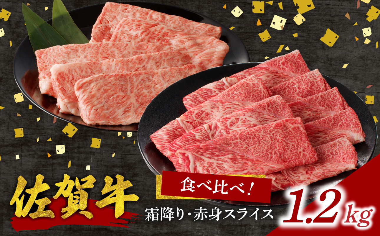 佐賀牛霜降り・赤身スライス食べ比べ 1.2kg（3月配送） ／ 中山牧場 直送 牛肉 すき焼き 佐賀牛 赤身スライス しゃぶしゃぶ 肉 牛 霜降り 黒毛和牛 牛肉 すきやき スライス 肩ロース肉 佐賀県 玄海町