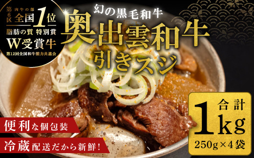 
            【数量限定】全国大会W受賞！ 奥出雲和牛 引き スジ1kg（250g×4袋） 【 お肉多め 和牛 牛すじ 250g 4袋 個包装 小分け カレー おでん 煮込み 牛すじ煮込み 人気 冷凍 国産 黒毛和牛 ブランド牛 贅沢 】
          
