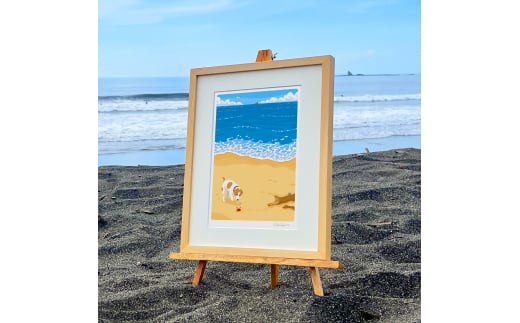 湘南・茅ヶ崎で描く、海を感じるイラストアート 『 湘南ランドスケープ04：渚の遭遇 』 ジークレーアートフレーム （小/セピアカラー）/ 絵画 風景 版画 
